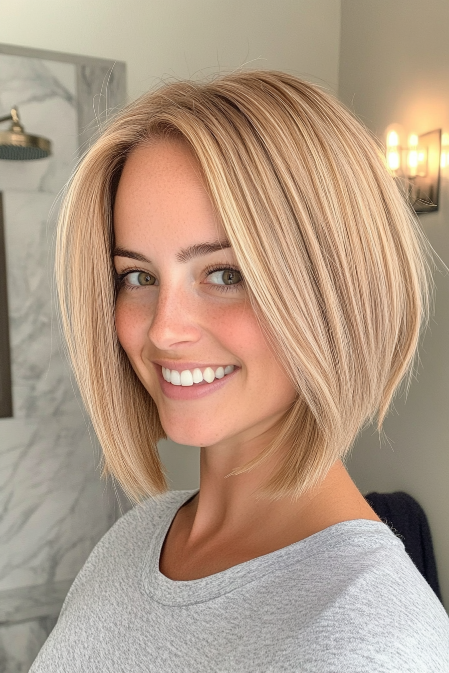 23. Weizenblonde abgewinkelte Ernte (abgewinkelte geschichtete Bob -Haarschnitte) - abgewinkelte, geschichtete Bob -Haarschnitte