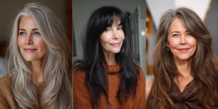 24 wunderschöne Langhaarfrisuren für Frauen über 60 mit dünnem Haar