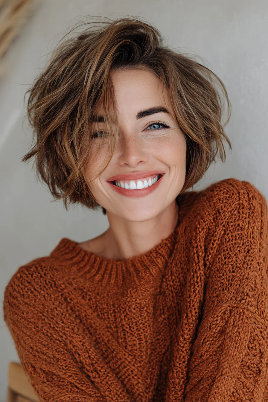 24. Luftiger, strukturierter Bob in sonnenbeschienenem Braun (Kurzhaarschnitte für Frauen über 40 mit feinem Haar) – Kurzhaarschnitte für Frauen über 40 mit feinem Haar