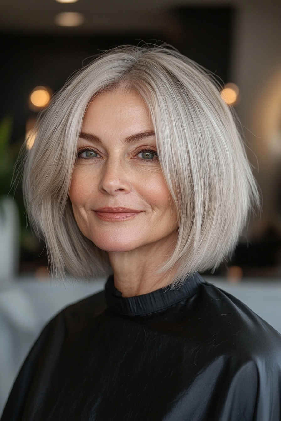 24. Ashblonde Micro Bob mit subtiler Textur (kantige Frisuren für Frauen über 60) - kantige Frisuren für Frauen über 60