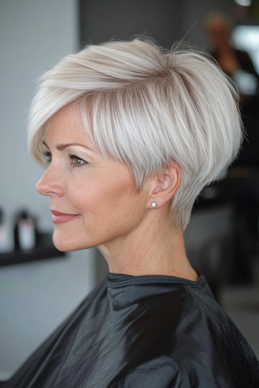 24. Ascheblonde moderne Stack (kurze Haarschnitte für Frauen über 50) - Kurzstapelte Haarschnitte für Frauen über 50