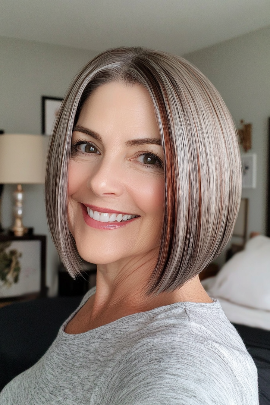 24. Stumpf geschnittene Salz- und Pfeffer -Bob mit kastanienbraunen Fäden (Salz- und Pfefferfrisuren für Frauen über 50) - Salz- und Pfefferfrisuren für Frauen über 50