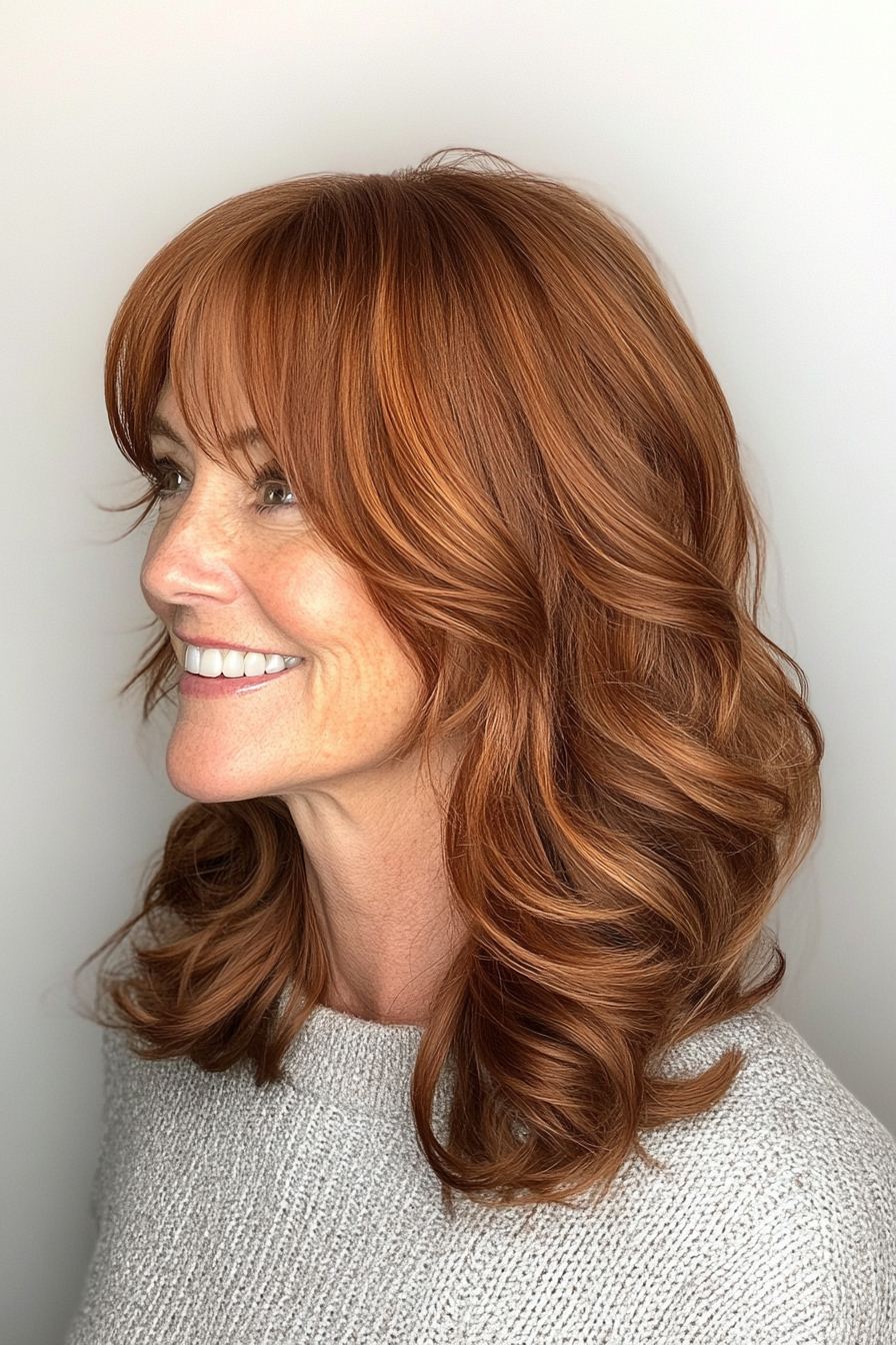 24. kastanienbraune mittlere Wellen mit Seitenrand (neue Frisuren für Frauen über 50) - neue Frisuren für Frauen über 50