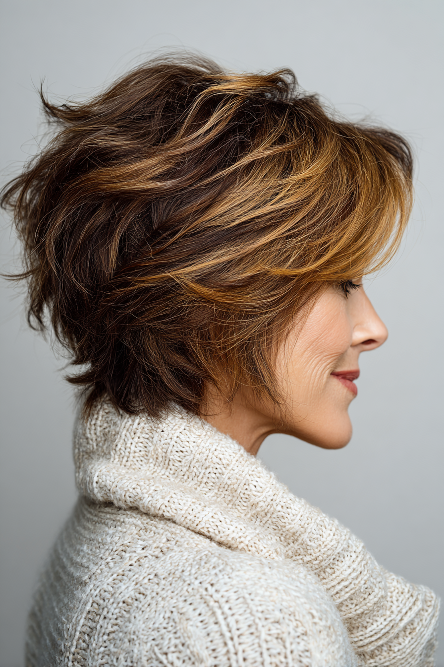 24. Kastanienbrauner Shag mit hervorgehobenen Enden (kurze Shag-Frisuren für Frauen über 60) – Kurze Shag-Frisuren für Frauen über 60