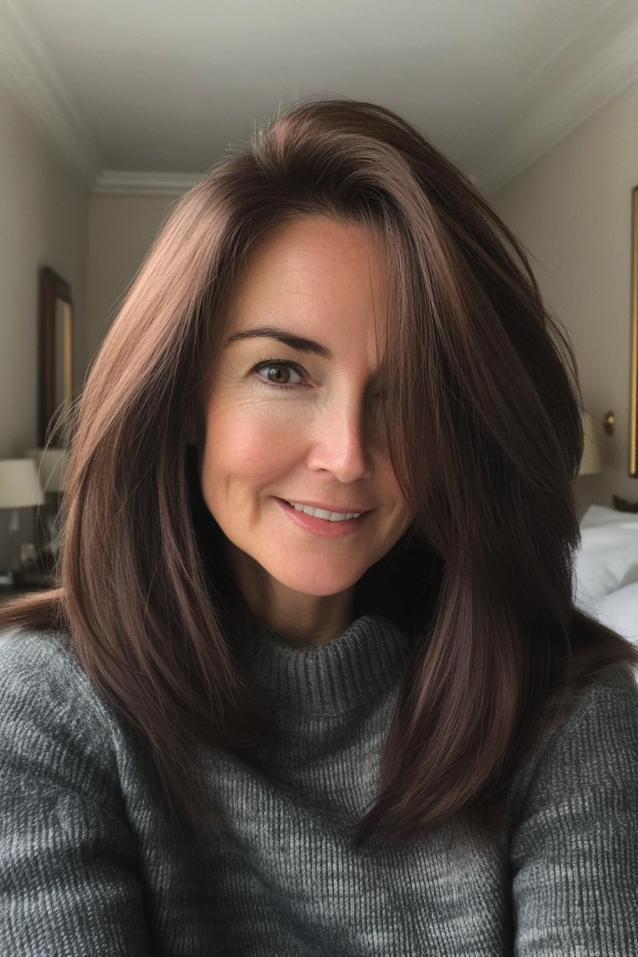 24. Schokoladenbraune Schichten mit mittlerer Länge (längere Frisuren für ältere Frauen) - längere Frisuren für ältere Frauen