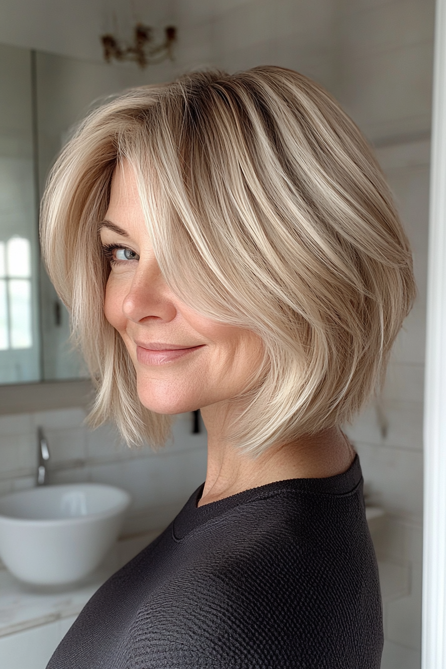 24. Abgehackte asymmetrische Bob in natürlicher mittlerer Blondine (asymmetrische Haarschnitte für ältere Frauen) - asymmetrische Haarschnitte für ältere Frauen