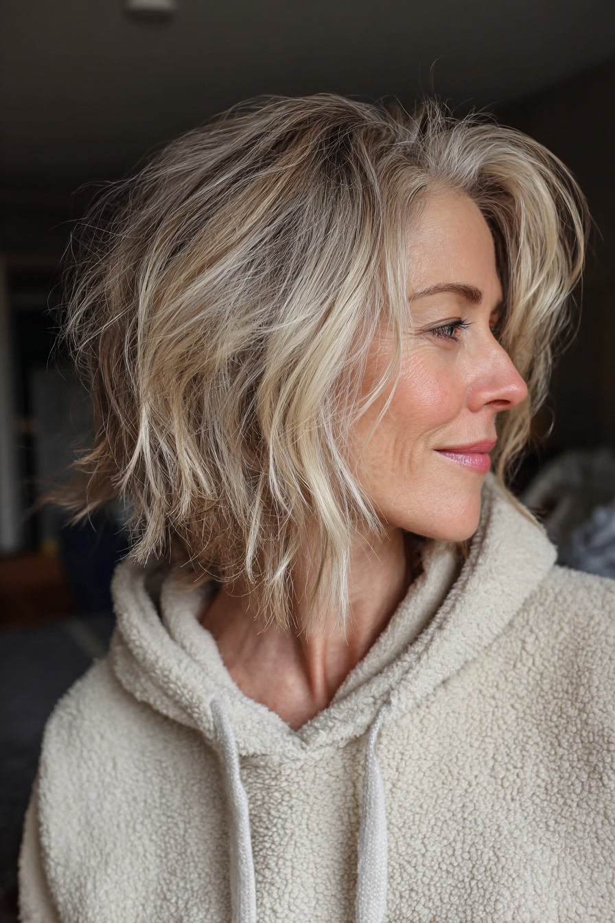 24. Abgehackter Schulterschnitt mit cremig-blondem Balayage (Unordentliche Frisuren für Frauen über 50) – Unordentliche Frisuren für Frauen über 50