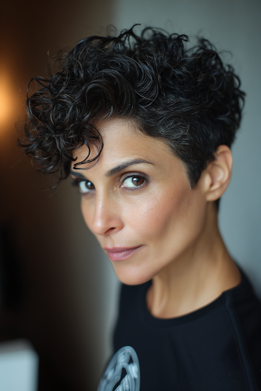 24. Klassischer schwarzer, lockiger, sich verjüngender Stil (kurze Frisuren für Frauen über 50 mit dickem, gewelltem Haar) – Kurze Frisuren für Frauen über 50 mit dickem, gewelltem Haar