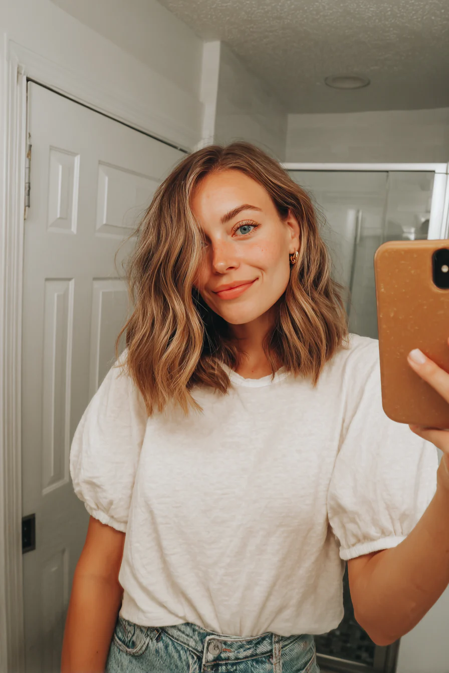 24. Classic Caramel Angled Lob (Schulterlange Frisuren für dickes Haar) – Schulterlange Frisuren für dickes Haar