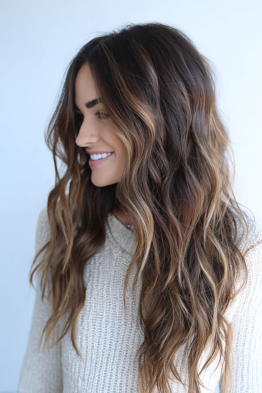 24. Coole brünette minimalistische Wellen (lange gewellte Frisuren) – Lange gewellte Frisuren