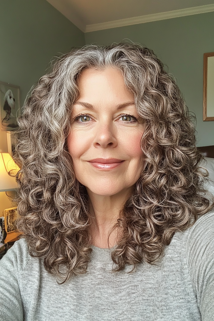 24. Kruppierte Locken in Aschebraun (lockige Haarschnitte für ältere Frauen) - lockige Haarschnitte für ältere Frauen