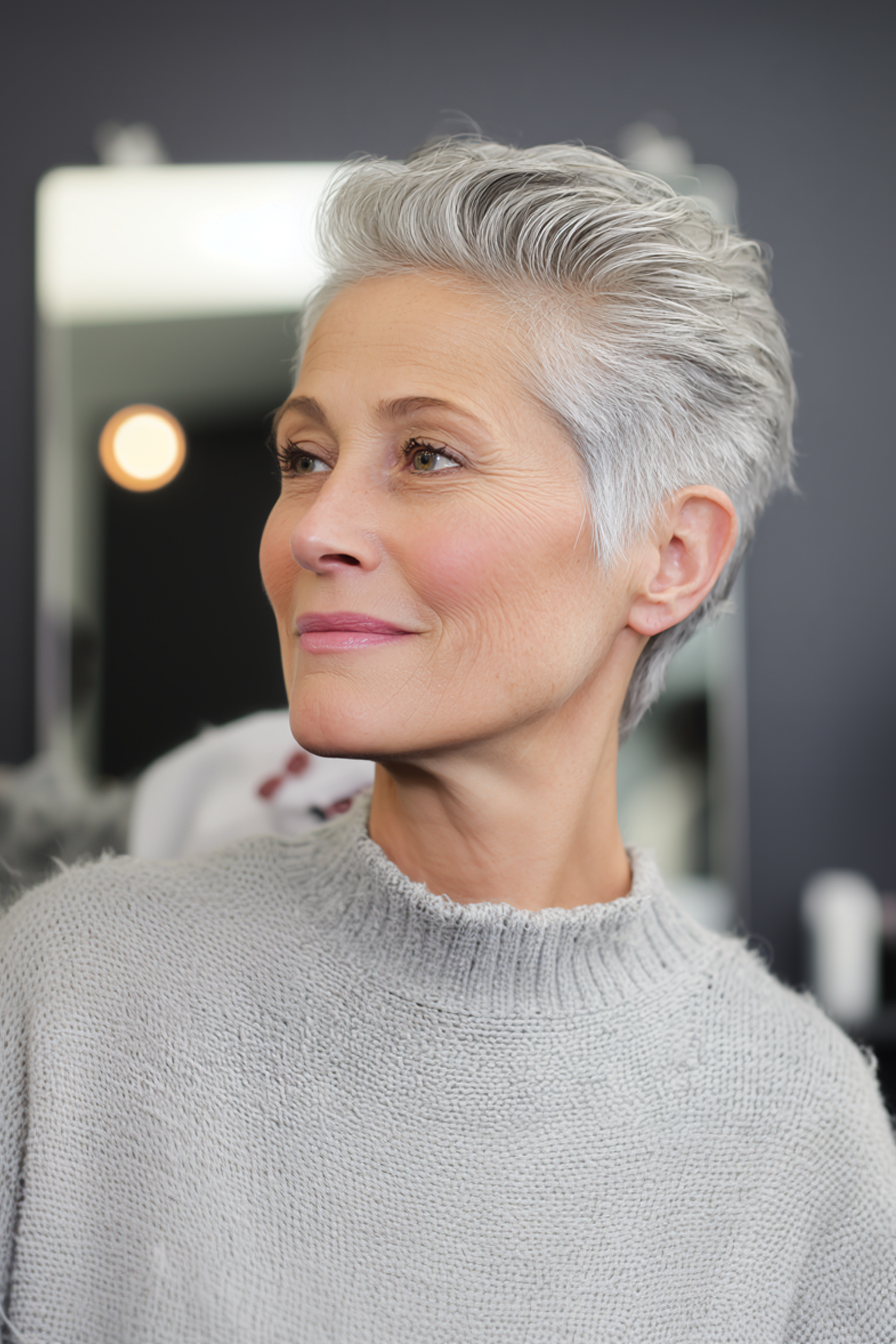 24. Schnitt mit gebürsteten silbernen Strängen (schicke Frisuren für Frauen über 50 mit grauem Haar) - schicke Frisuren für Frauen über 50 mit grauen Haaren