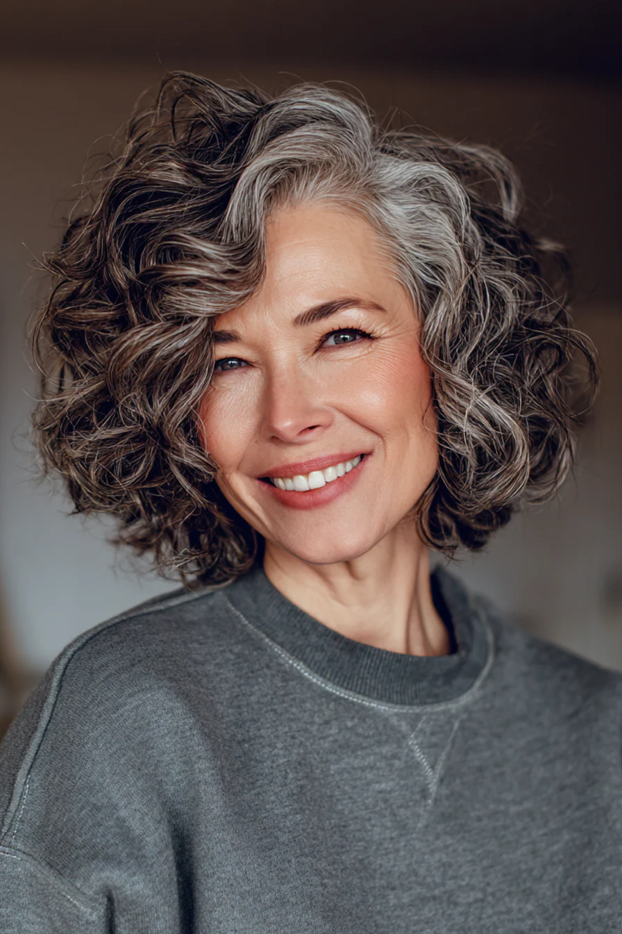 24. Lockiger Bob mit tiefem Seitenscheitel in Smoky Brunette (Kurzfrisuren für Frauen über 60 mit lockigem Haar) – Kurze Frisuren für Frauen über 60 mit lockigem Haar