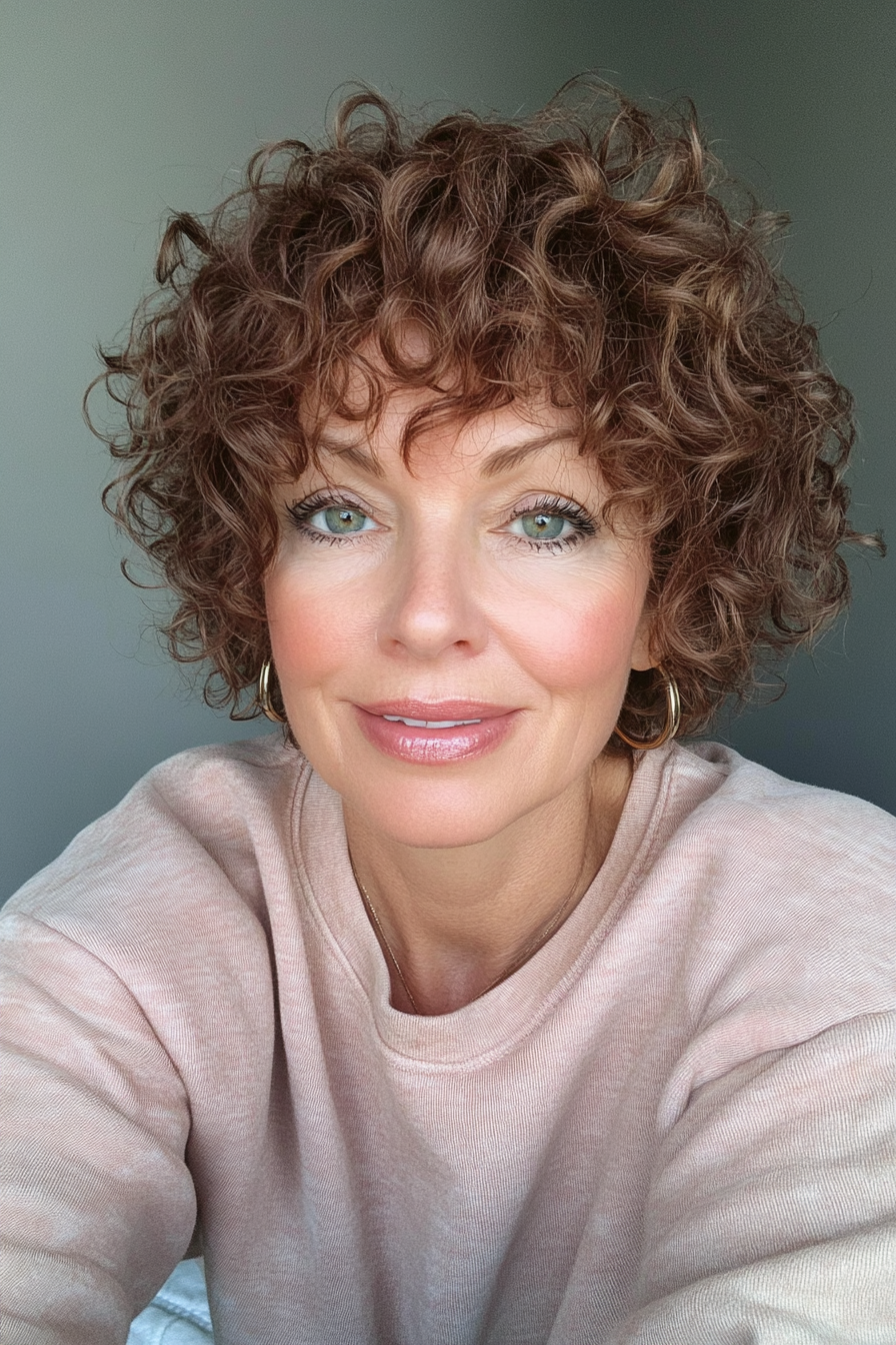 24. Curly Pixie mit verkürzten Pony im dunklen Kupfer (Haarschnitte für Frauen über 60 mit Pony) - Haarschnitte für Frauen über 60 mit Pony