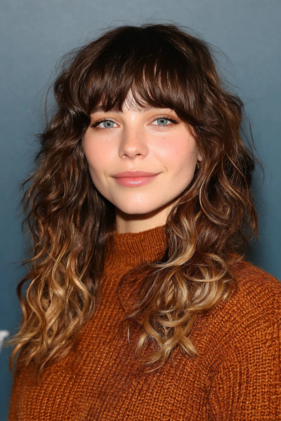 24. Lockiger Shag mit goldbraunem Curtain Bangs (Curtain Bangs Haircuts) – Curtain Bangs Haircuts