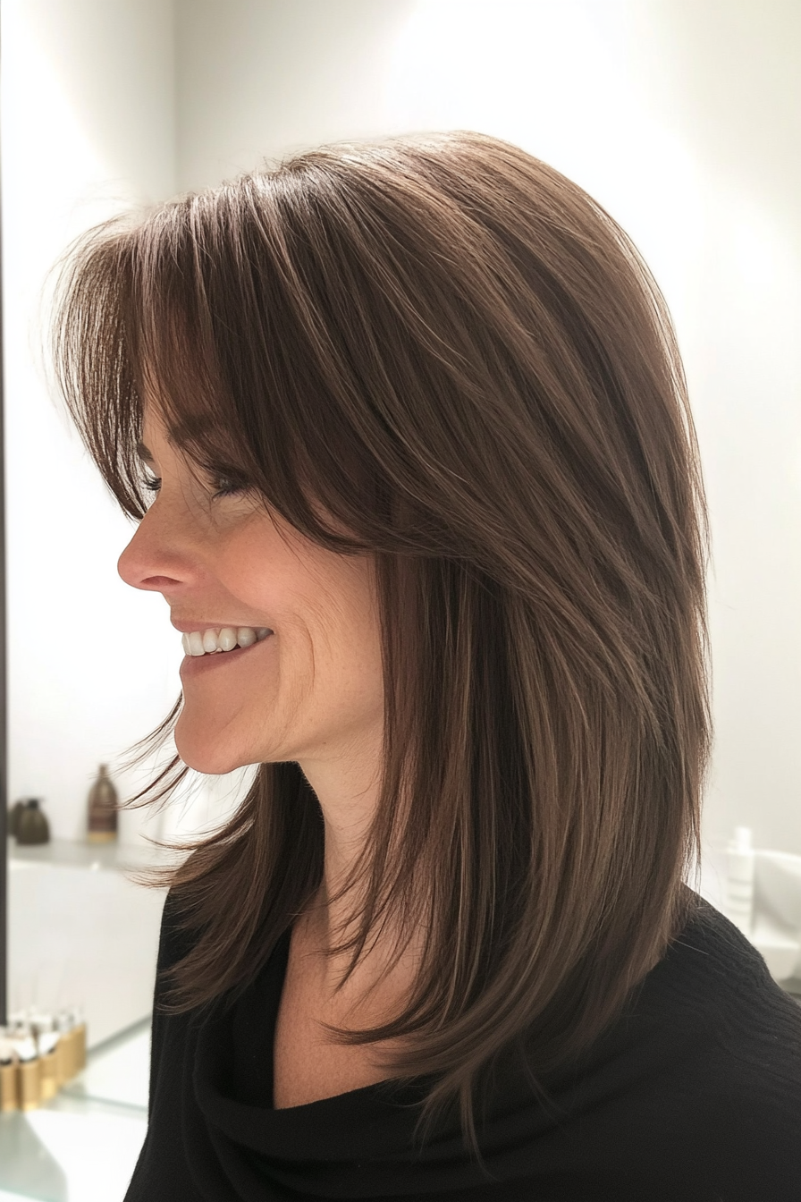 24. Vorhang Pony mit einem Kakao -braunen Lob (einfache Haarschnitte für Frauen über 40) - einfache Haarschnitte für Frauen über 40