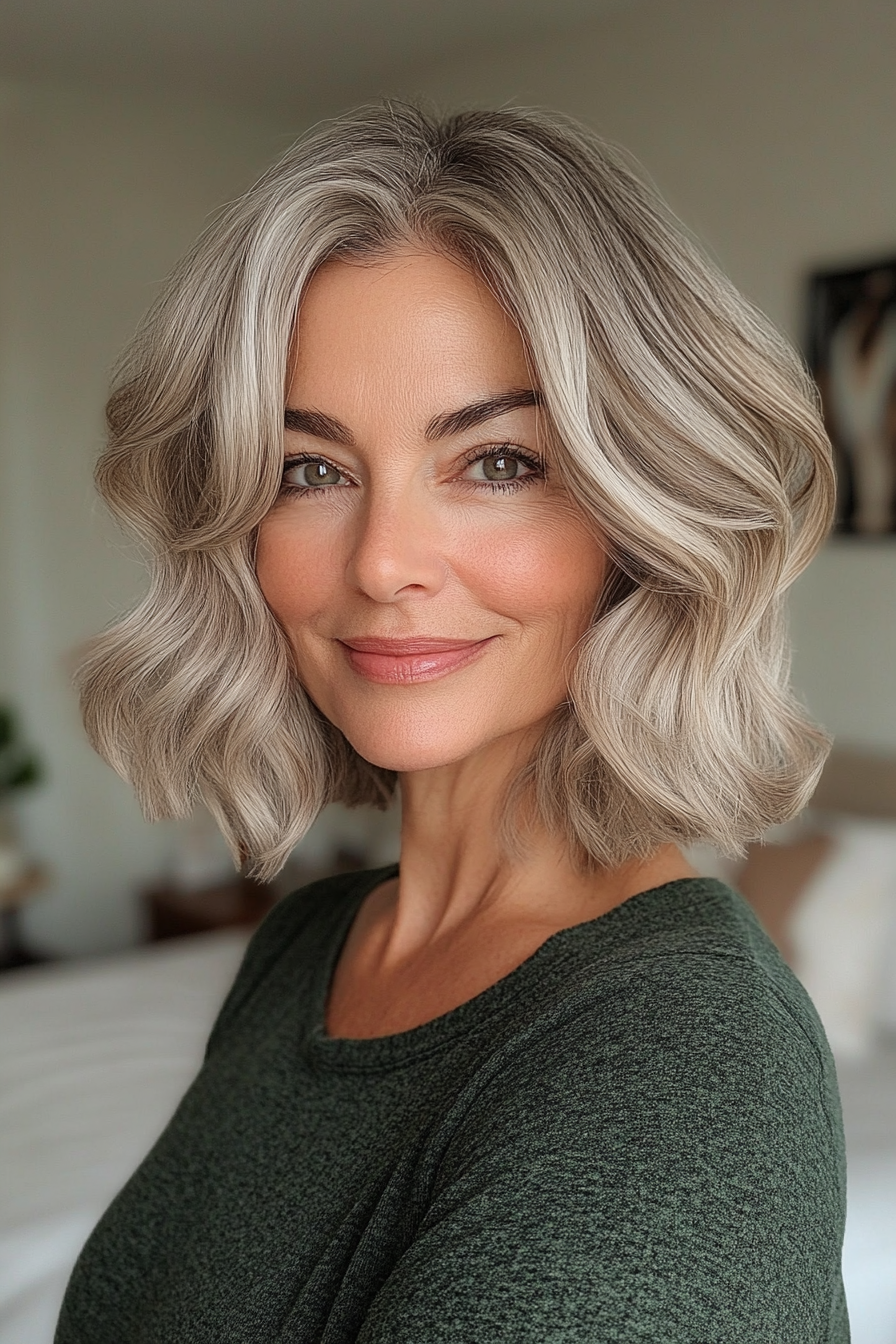 24. gebogener Bob in sandy grau Blondine (Haarschnitte für Frauen über 60 mit welligen Haaren) - Haarschnitte für Frauen über 60 mit welligen Haaren