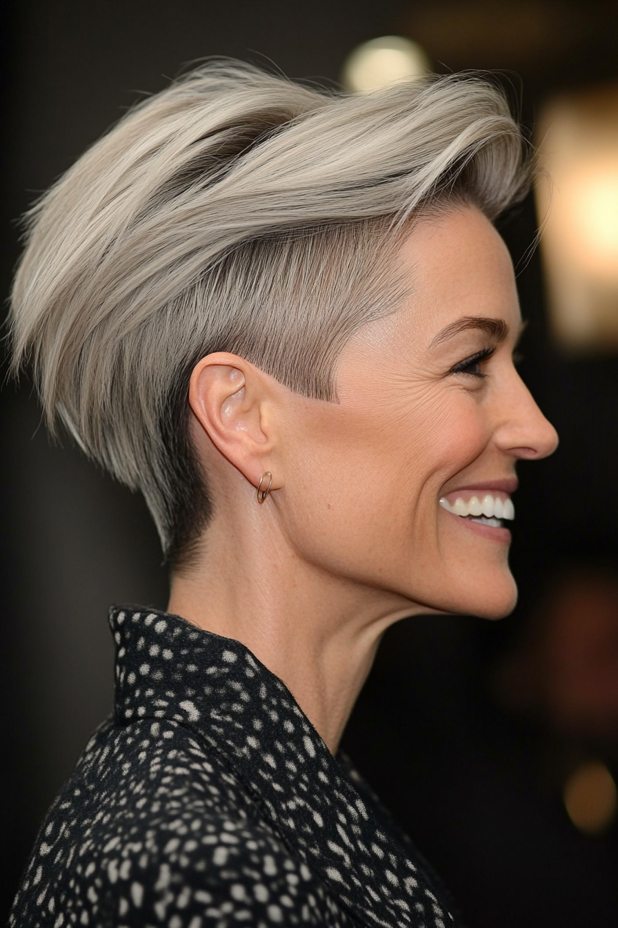 24. Dark Ash Blonde Undercut Abgaser Bob (kurze Unterschneidungsfrisuren für Frauen über 50) - kurze Unterschneidungsfrisuren für Frauen über 50