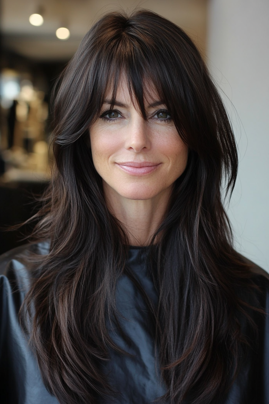 24. Dunkle Schokolade lange Randschichten (Frisuren für Frauen über 40 mit langen Haaren) - Frisuren für Frauen über 40 mit langen Haaren