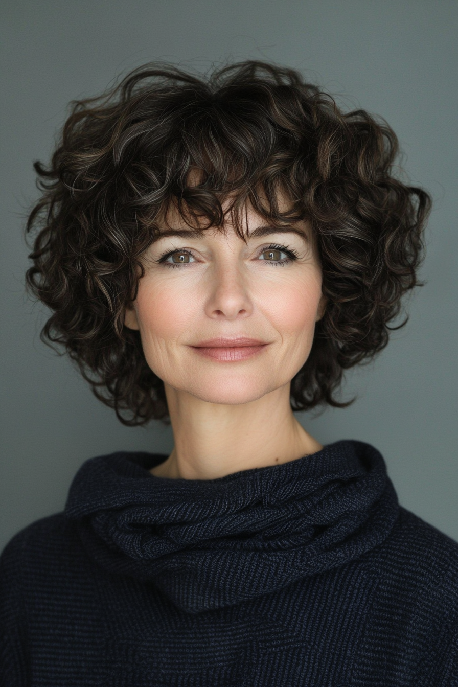 24. Tiefe braune Kinnlänge mit lockigem Rand (Haarschnitte für ältere Frauen mit lockigem Haar) - Haarschnitte für ältere Frauen mit lockigem Haar