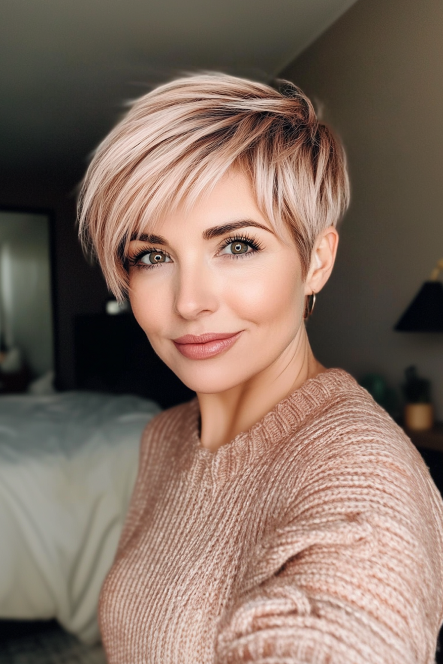 24. Dimensional Rose Gold Pixie (lange Pixie -Haarschnitte für ältere Frauen) - Lange Pixie -Haarschnitte für ältere Frauen