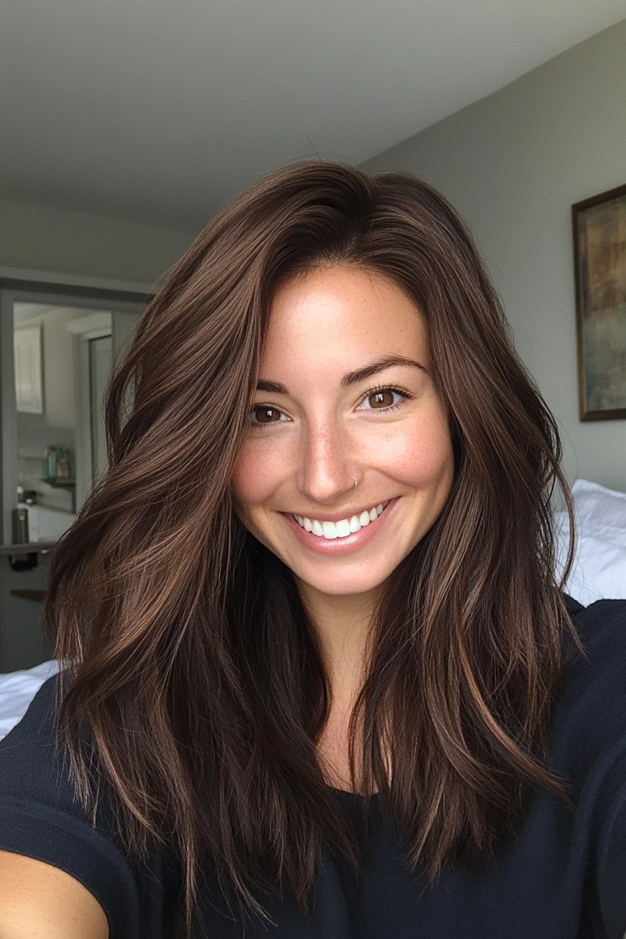 24. getrennte Schichten mit tiefen Brünetten (mittlere Haarschnitte für kraftartiges Haar) - mittelgroße Haarschnitte für krauses Haar