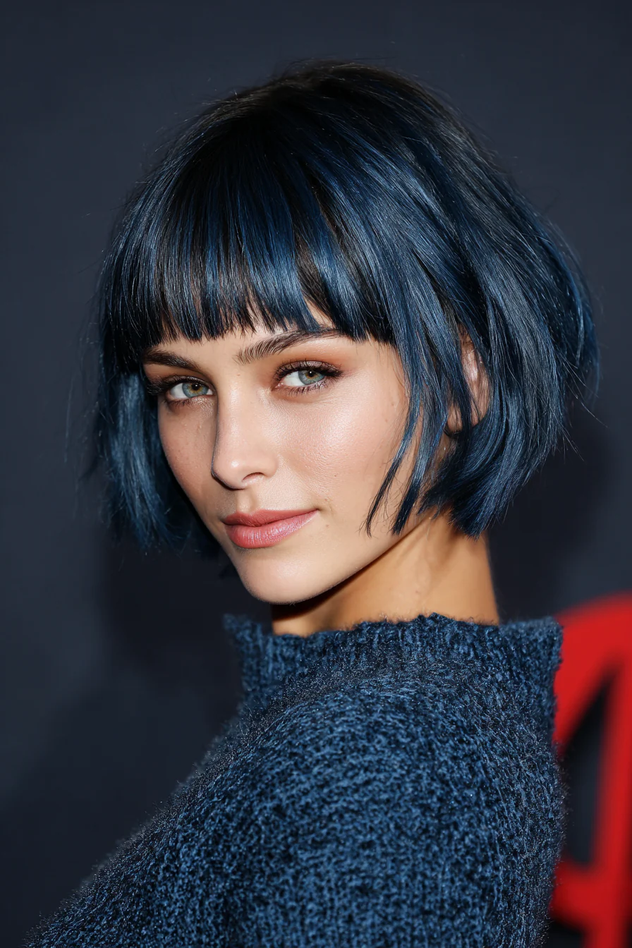 24. Edgy Layered Bob mit nachtblauem Pony (Bob-Frisuren mit Pony) – Bob-Frisuren mit Pony