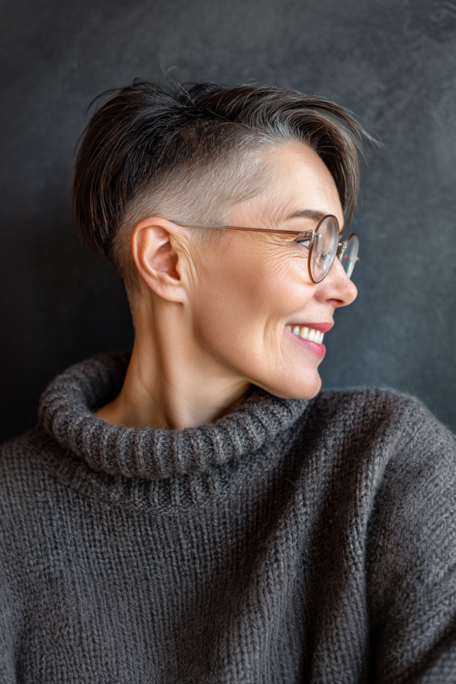 24. Espresso -Undercut -Pixie (kurze Frisuren für Frauen über 50 mit Brillen) - kurze Frisuren für Frauen über 50 mit Brille