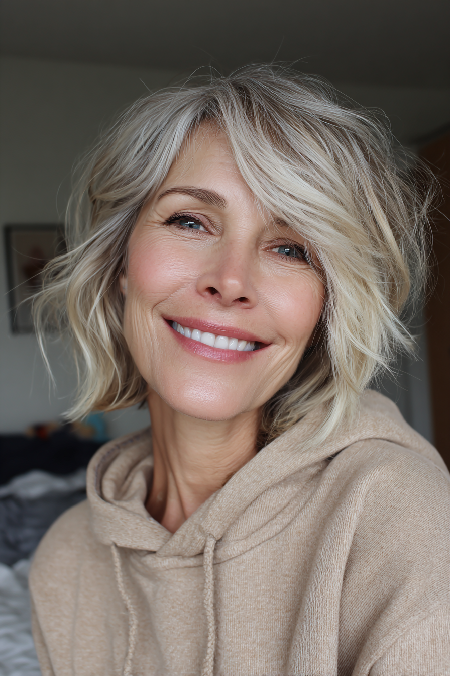 24. Ganze Ernte mit Seitenknall - sandige Blondine mit Perlenhighlights (neueste kurze Haarschnitte für Frauen über 40) - Neueste kurze Haarschnitte für Frauen über 40