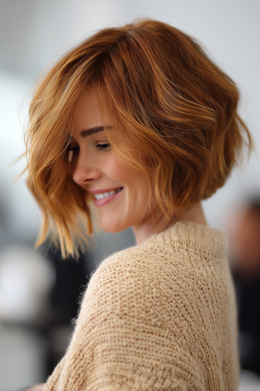 24. Goldener Karamell kurzer Bob (kurze Frisuren für Frauen über 50 mit welligen Haaren) - kurze Frisuren für Frauen über 50 mit welligen Haaren