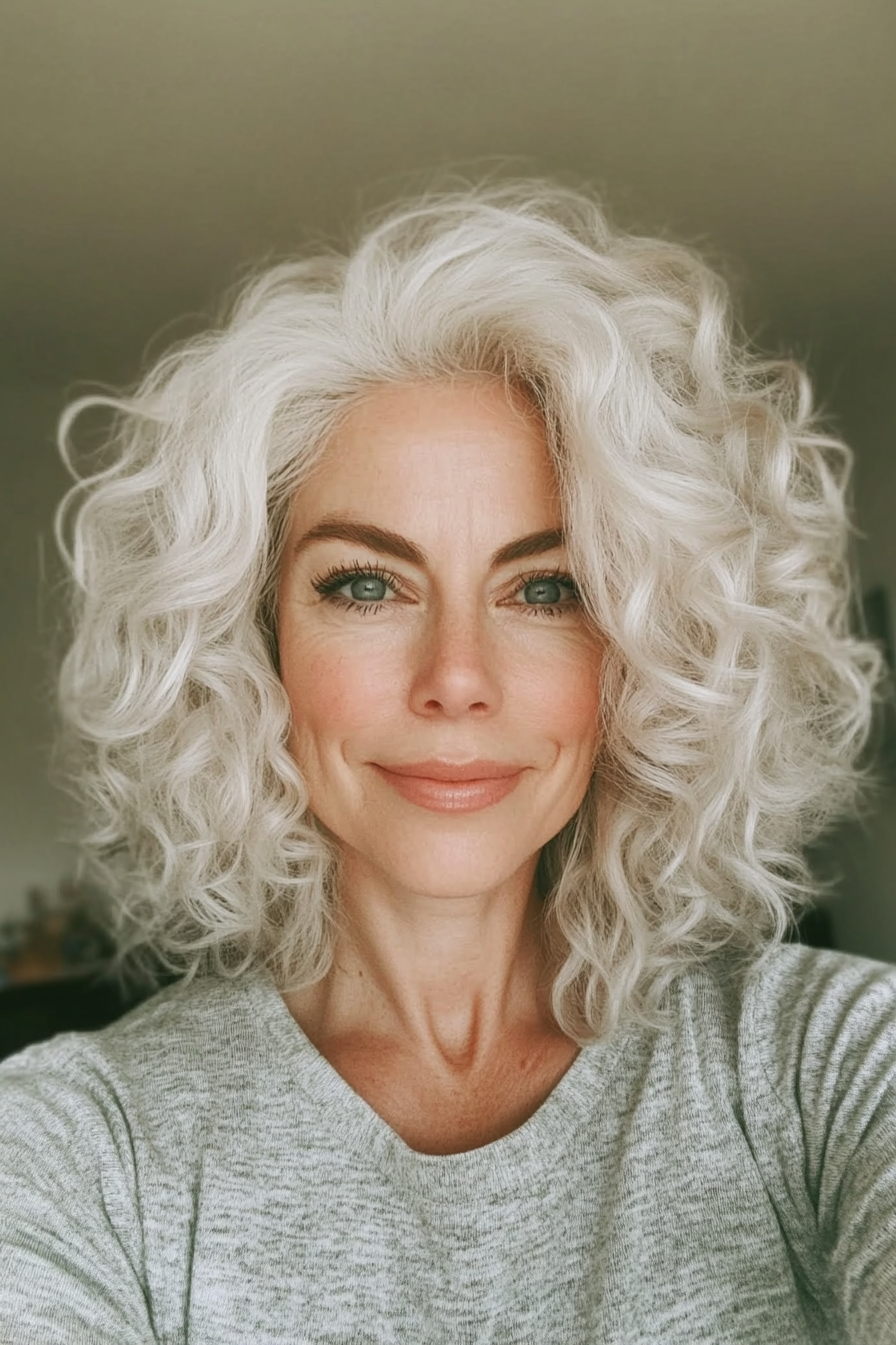 24. Halo geschnitten mit weißer Blondine (Haarschnitte für Frauen über 50 mit lockigem Haar) - Haarschnitte für Frauen über 50 mit lockigem Haar