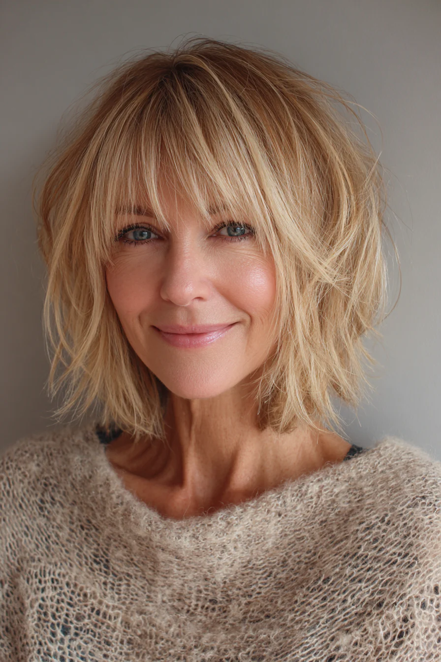 24. Stufenblonder Shag mit zarten Fransen (Shaggy-Bob-Haarschnitte für Frauen über 50) – Shaggy-Bob-Haarschnitte für Frauen über 50