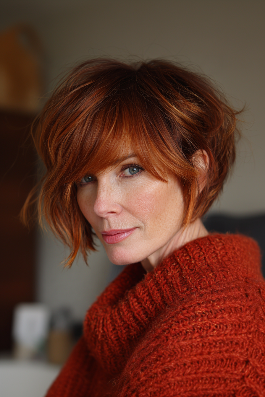 24. Layered Bob mit Seitenvolumen in reichhaltiger Auburn (kurze Bob -Haarschnitte für Frauen über 50) - kurze Schichthaarschnitte für Frauen über 50