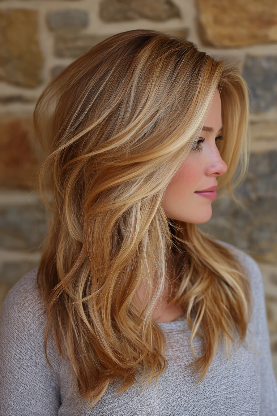 24. Stufenschnitt mit sandblonden Highlights (Mittellange Stufenhaarschnitte) – Mittellange Stufenhaarschnitte