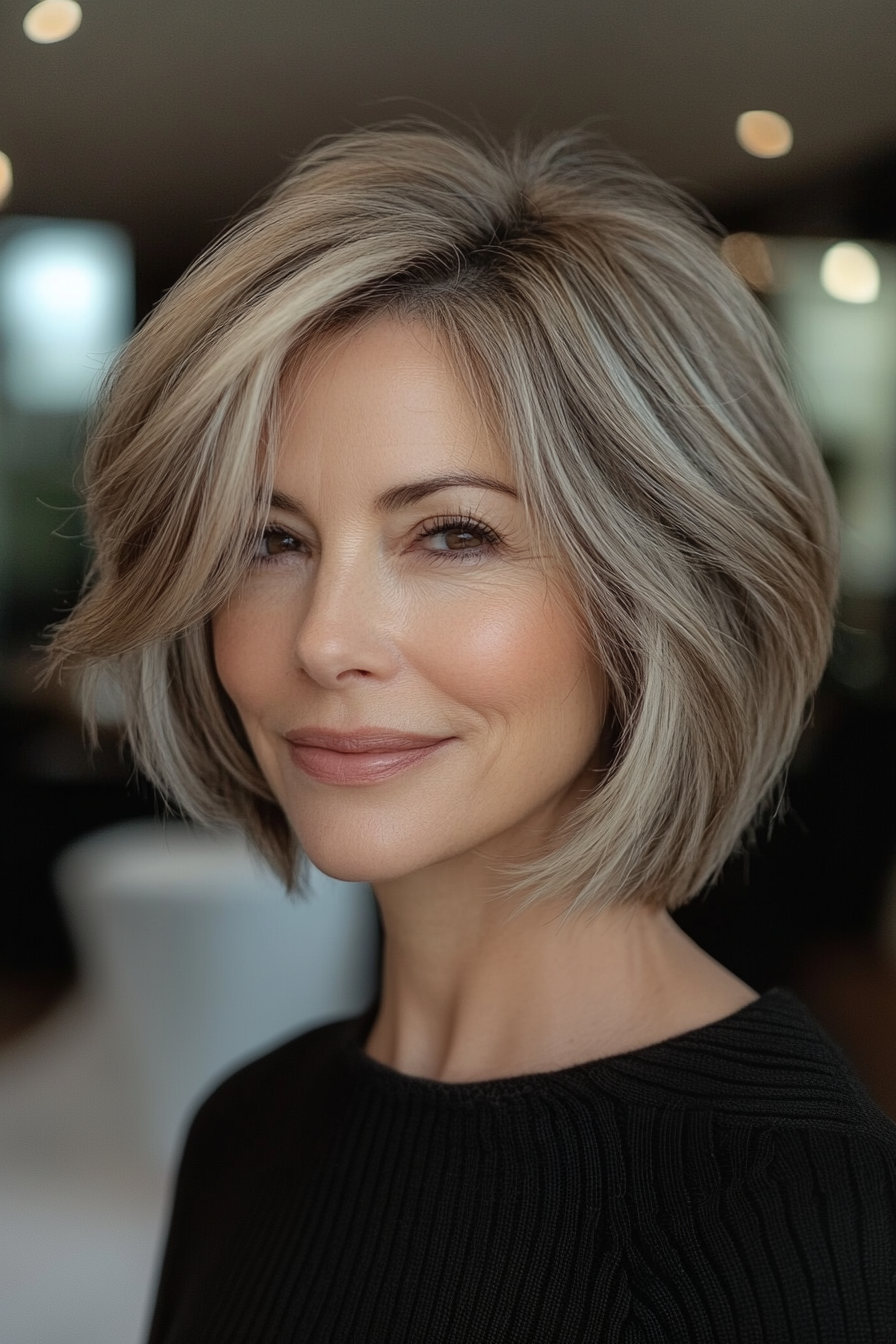 24. Hellbraun gestapelt Bob mit sanfter Inversion (gestapelte Haarschnitte für ältere Frauen) - Stapelte Haarschnitte für ältere Frauen