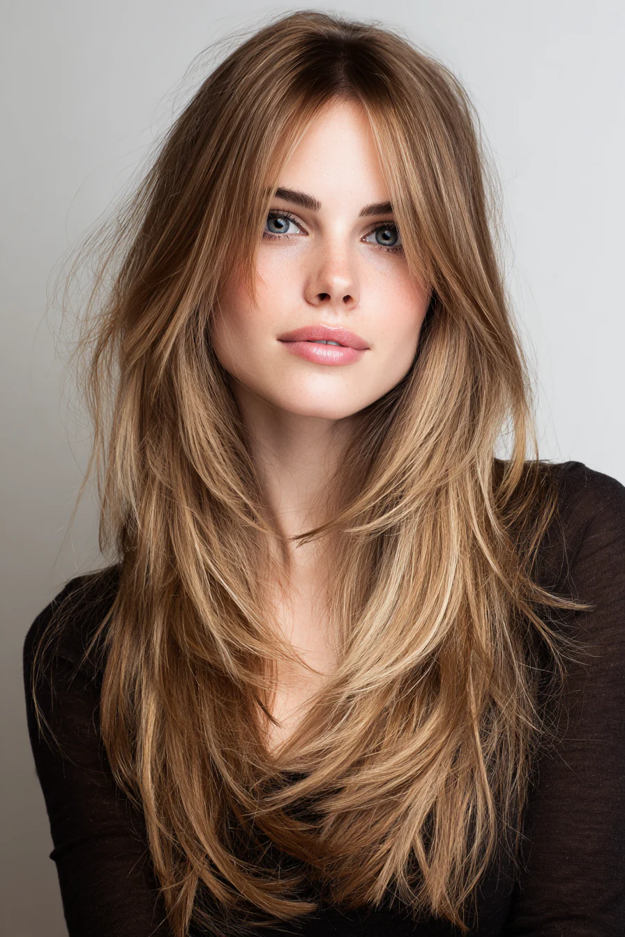 24. Hellbrauner, mehrschichtiger Rasiermesserschnitt (Schichtfrisuren für dünnes Haar) – Schichtfrisuren für dünnes Haar