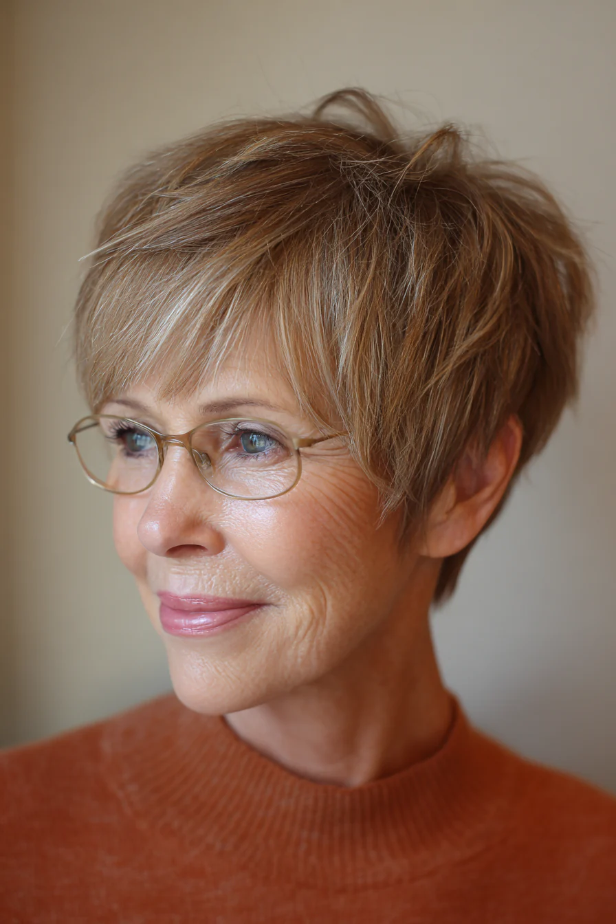 24. Hellbraune kurze Stufen mit seitlich geschwungenem Pony (Frisuren für ältere Frauen mit Brille) – Frisuren für ältere Frauen mit Brille