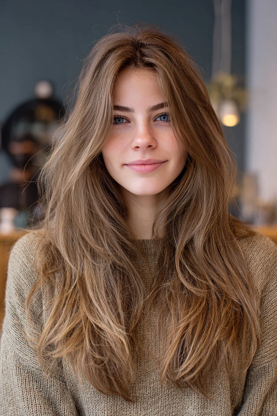 24. Lange Boho-Schichten mit natürlichem Brunette (70er-Jahre-Frisuren für Frauen) – 70er-Jahre-Frisuren für Frauen