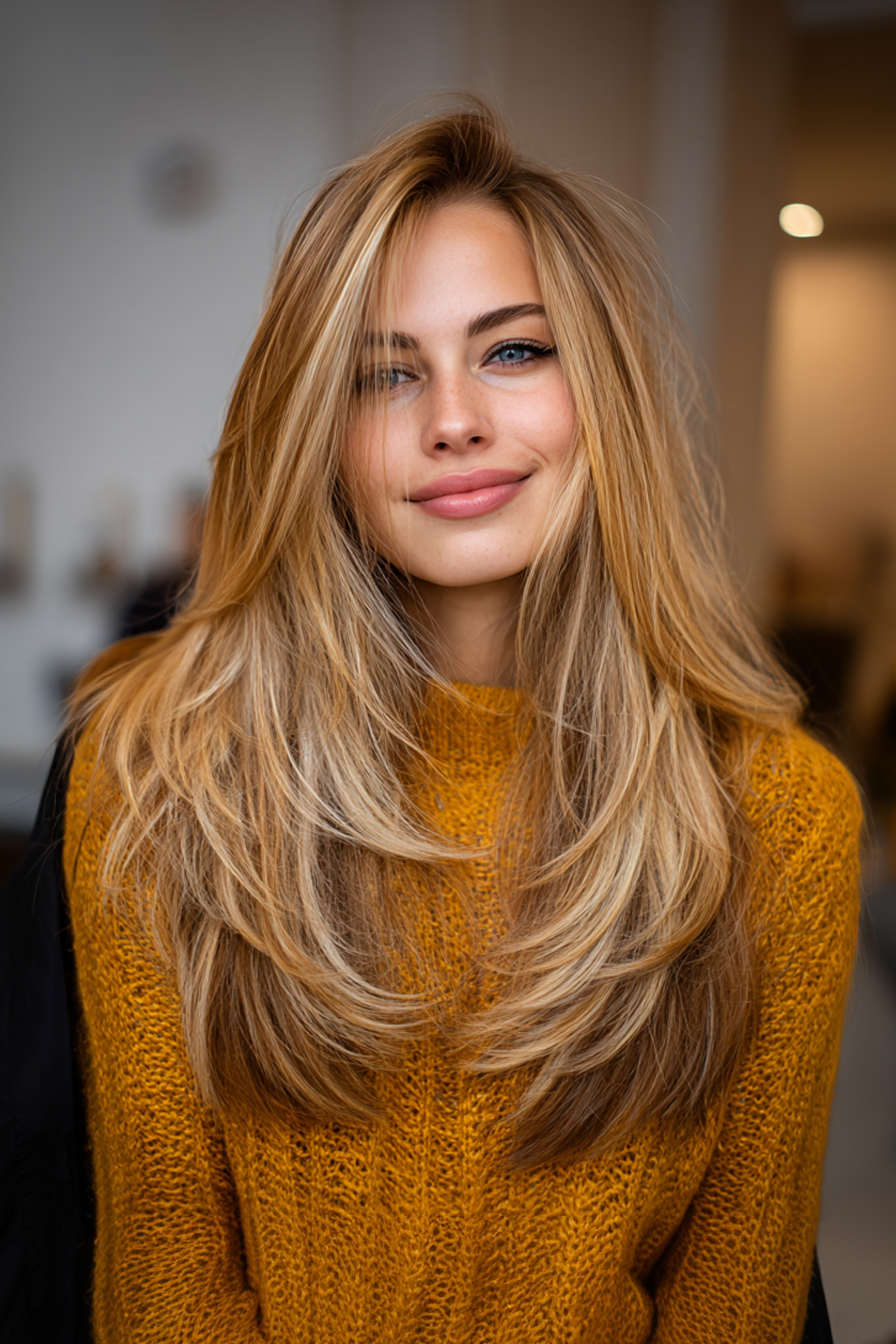 24. Lange Schmetterlingsschichten in goldenem Karamell (lange Haarschnitte für ovales Gesicht) - lange Haarschnitte für ovales Gesicht