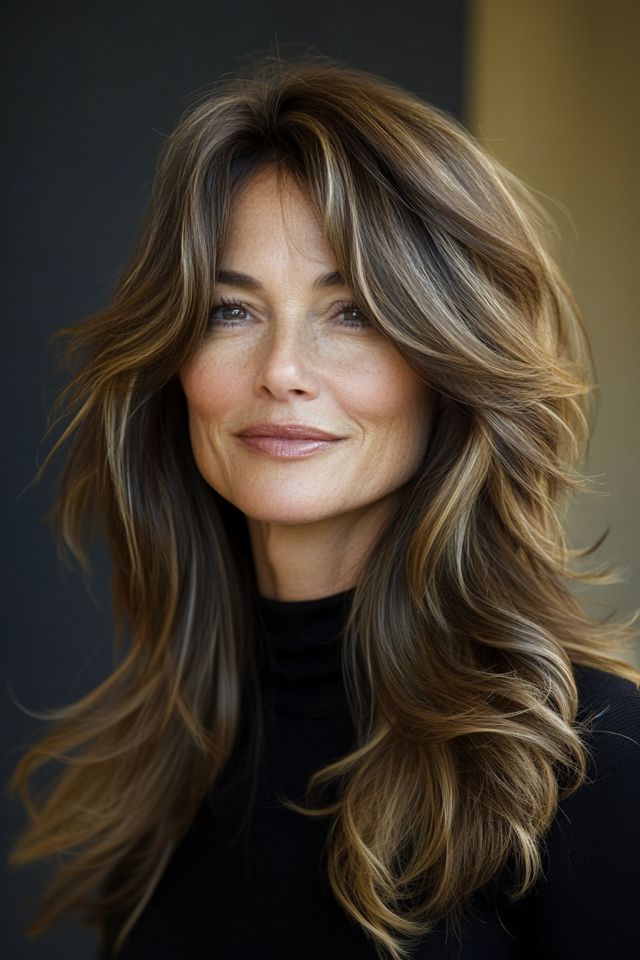 24. Langer Shag mit Vorhang Pony in Kastanienbraun (kühle Haarschnitte für Frauen über 50) - Kühle Haarschnitte für Frauen über 50