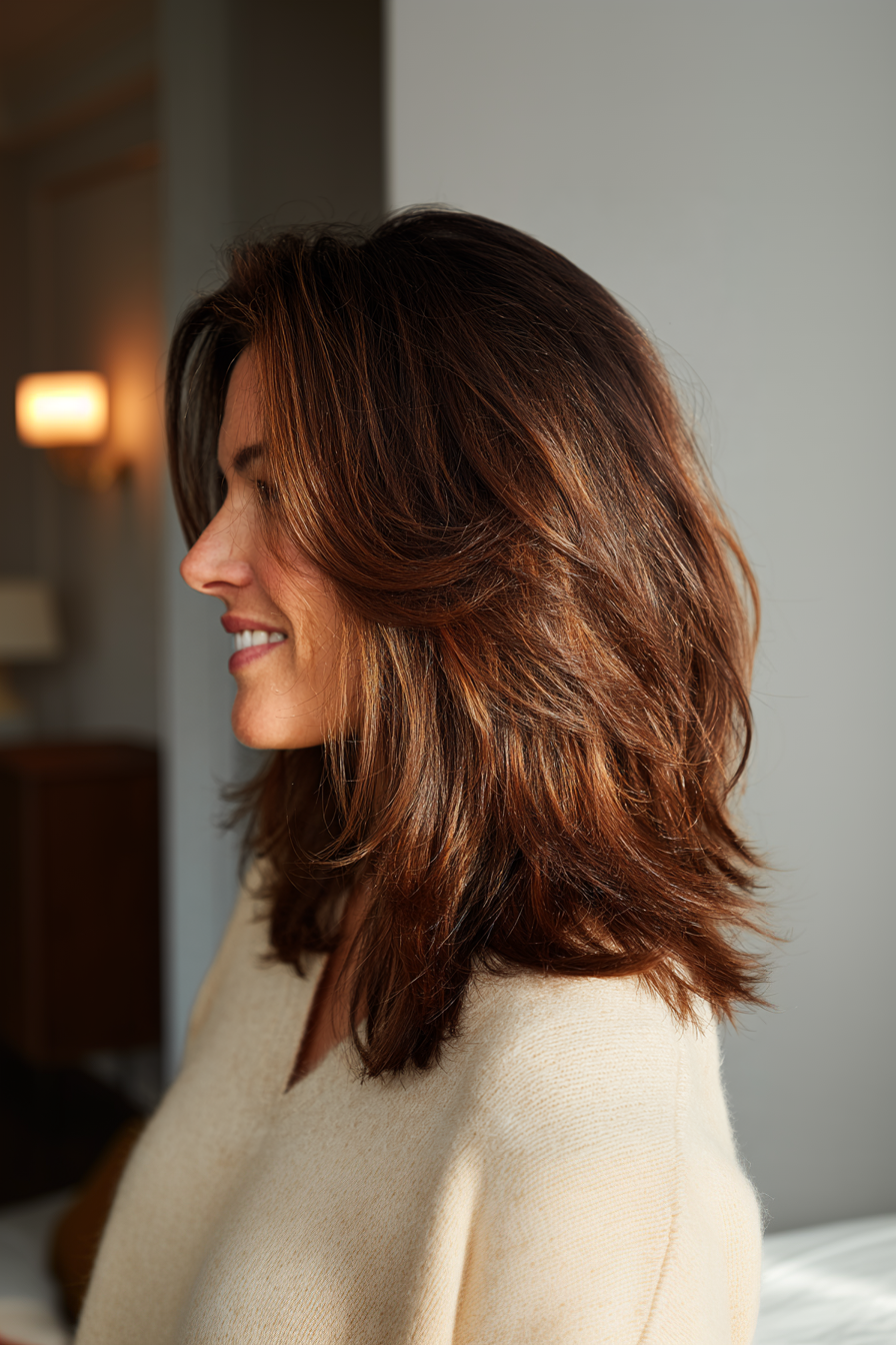 24. Schichten mit mittlerer Länge mit Zimt -Glanz (Haarschnitte für Frauen) - Haarschnitte für Frauen
