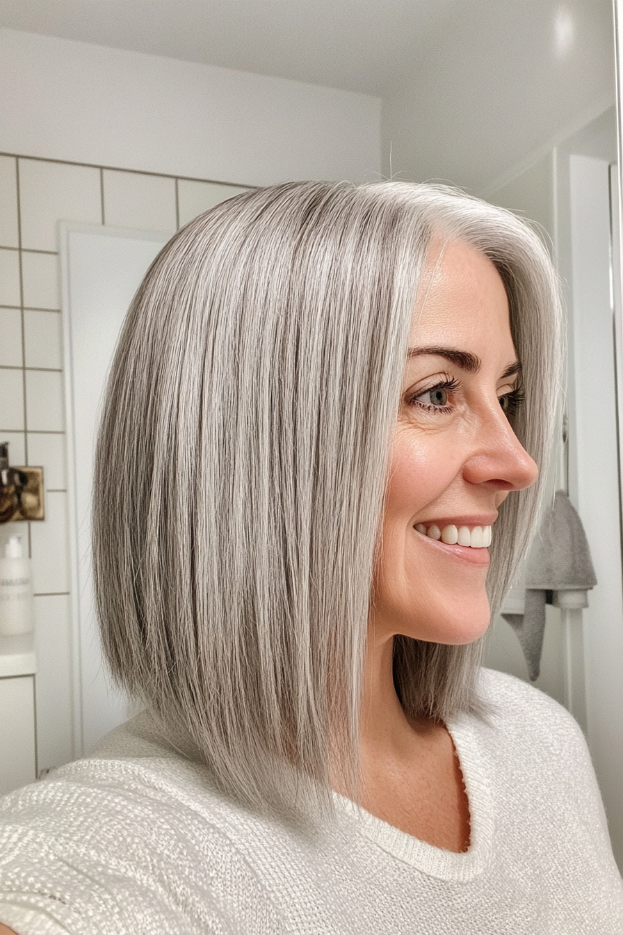 24. mittelgroße Straight Cut mit Silbergrau (beste Haarschnitte für Frauen über 40) - beste Haarschnitte für Frauen über 40