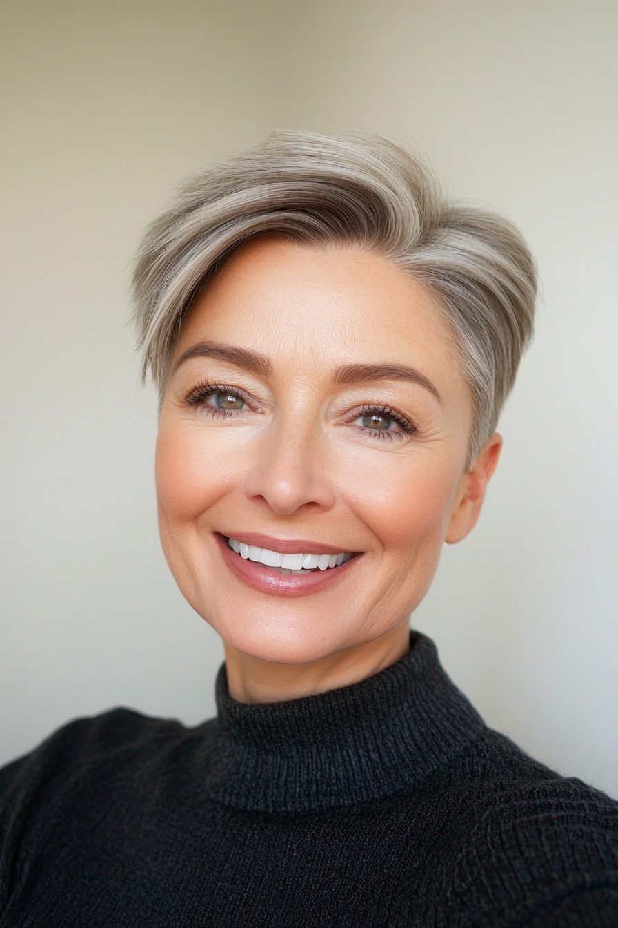 24. Minimalistische Pixie in cooler Braun (kurze gerade Frisuren für ältere Frauen) - kurze gerade Frisuren für ältere Frauen