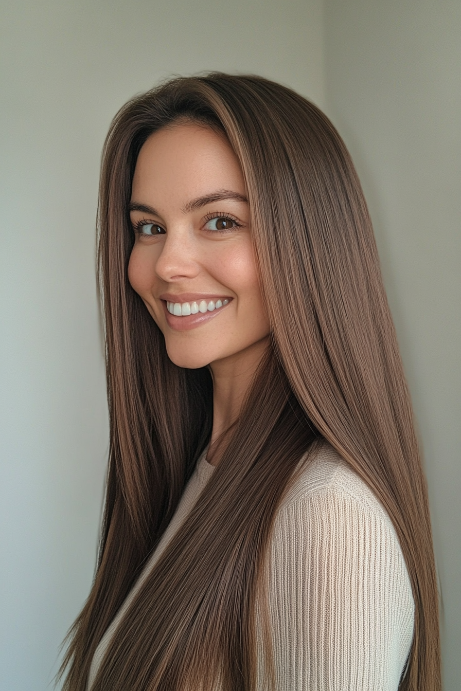 24. Mokka schlanker langer Schnitt (trendige Haarschnitte für Frauen über 40) - trendige Haarschnitte für Frauen über 40