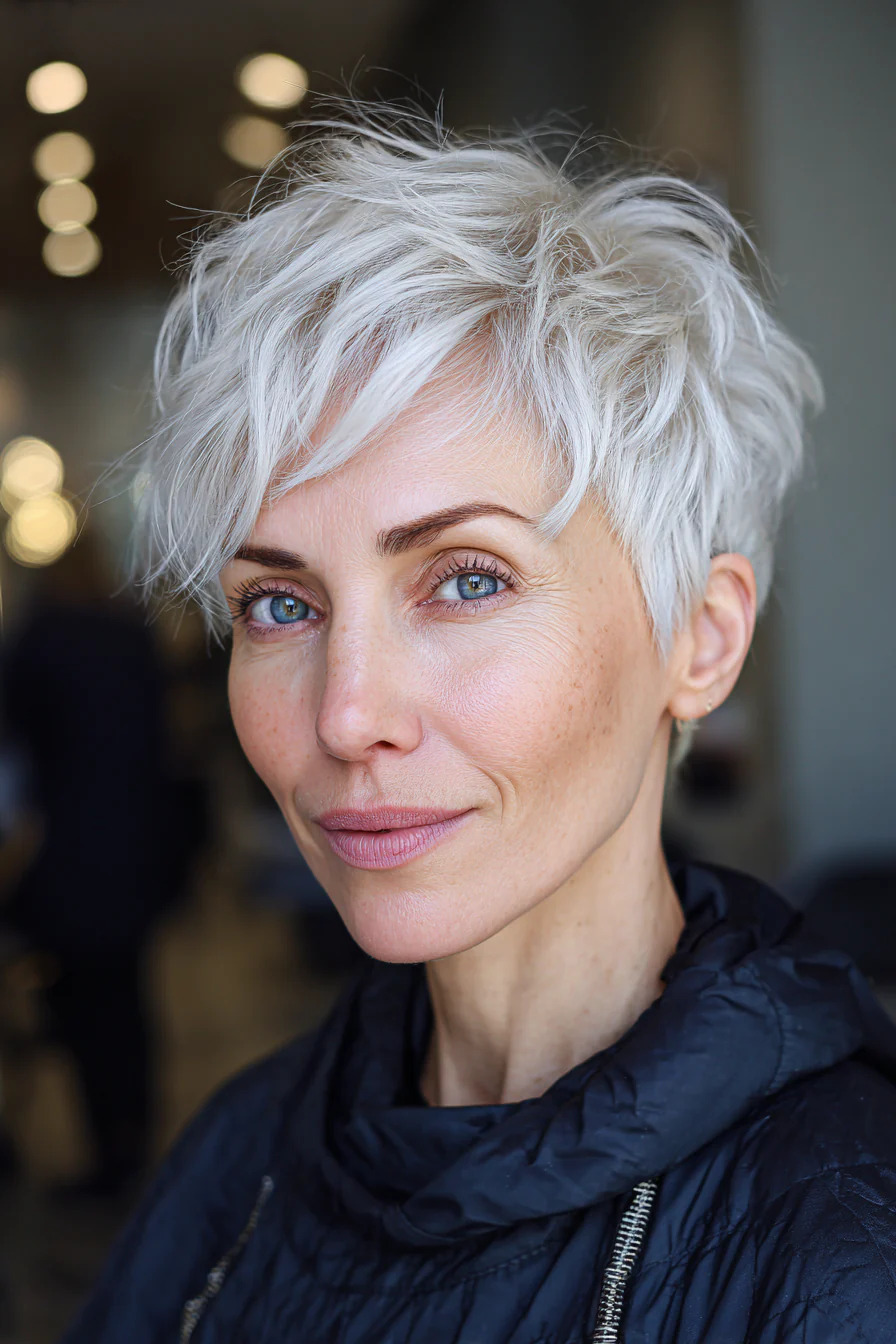 24. Platinblonder, voluminöser Pixie (Pixie-Frisuren für Frauen über 40) – Pixie-Frisuren für Frauen über 40