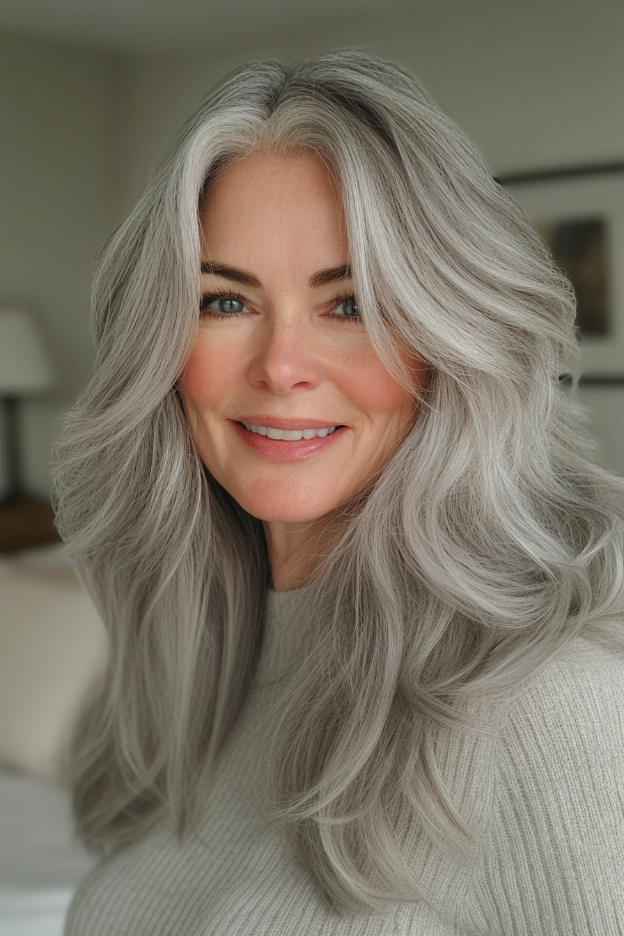 24. Platinumgrau Klassiker Shag mit strukturierten Enden (Shag -Frisuren für Frauen über 60) - Shag Frisuren für Frauen über 60