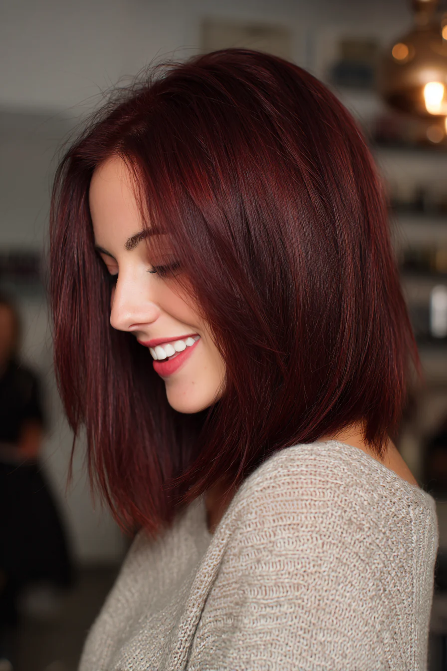 24. Polierter, gebogener Lob in tiefem Burgunderrot (lange Bob-Frisuren) – Lange Bob-Frisuren