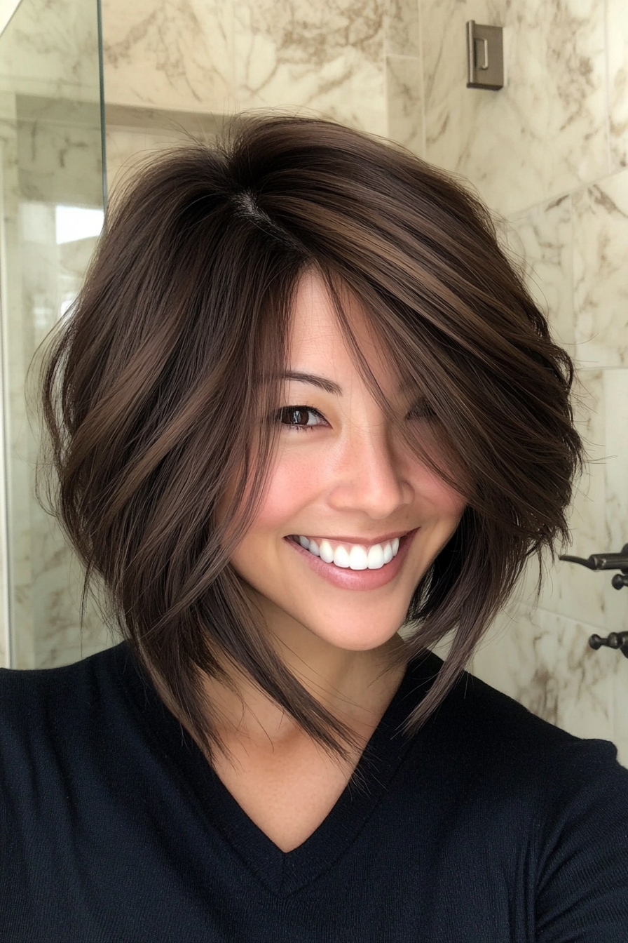 24. Reiche Kaffee -Wispy -Schicht Bob (abgewinkelte geschichtete Bob -Haarschnitte) - abgewinkelte geschichtete Bob -Haarschnitte