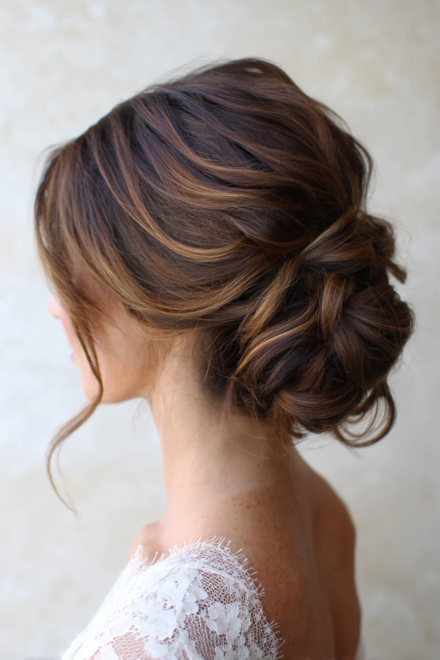 24. Hochsteckfrisur in neutralem Braun mit dezenten Lowlights (Brautjungfernfrisuren) – Brautjungfernfrisuren