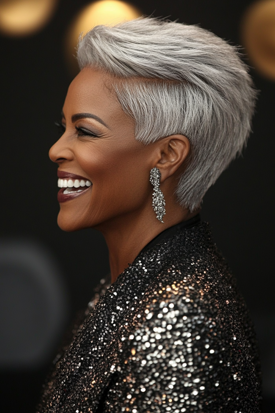 24. Geformter Pixie mit natürlichem Silber (Pixie-Haarschnitte für schwarze Frauen über 60) – Pixie-Haarschnitte für schwarze Frauen über 60